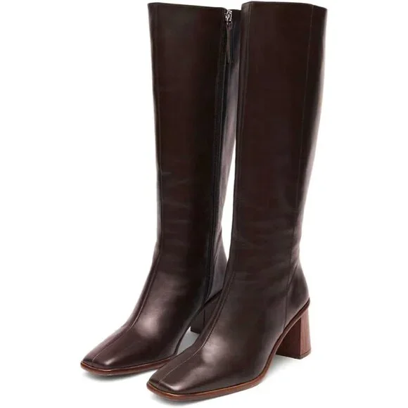 Women's Brown Faux Leather Chunky High Heel Tall Boot Fashion Square Toe - Picture 1 of 6